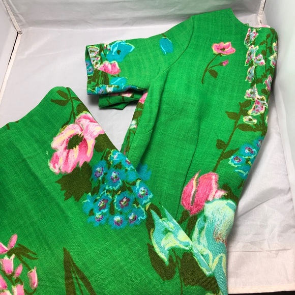 Vintage Green Floral Linen Sheath Dress S/M - Picture 5 of 8